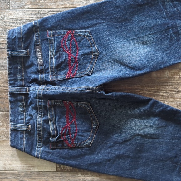 COWGIRL TUFF "Hot Rod Red" bootcut blue jeans red stitching horseback riding 24 - Picture 8 of 13